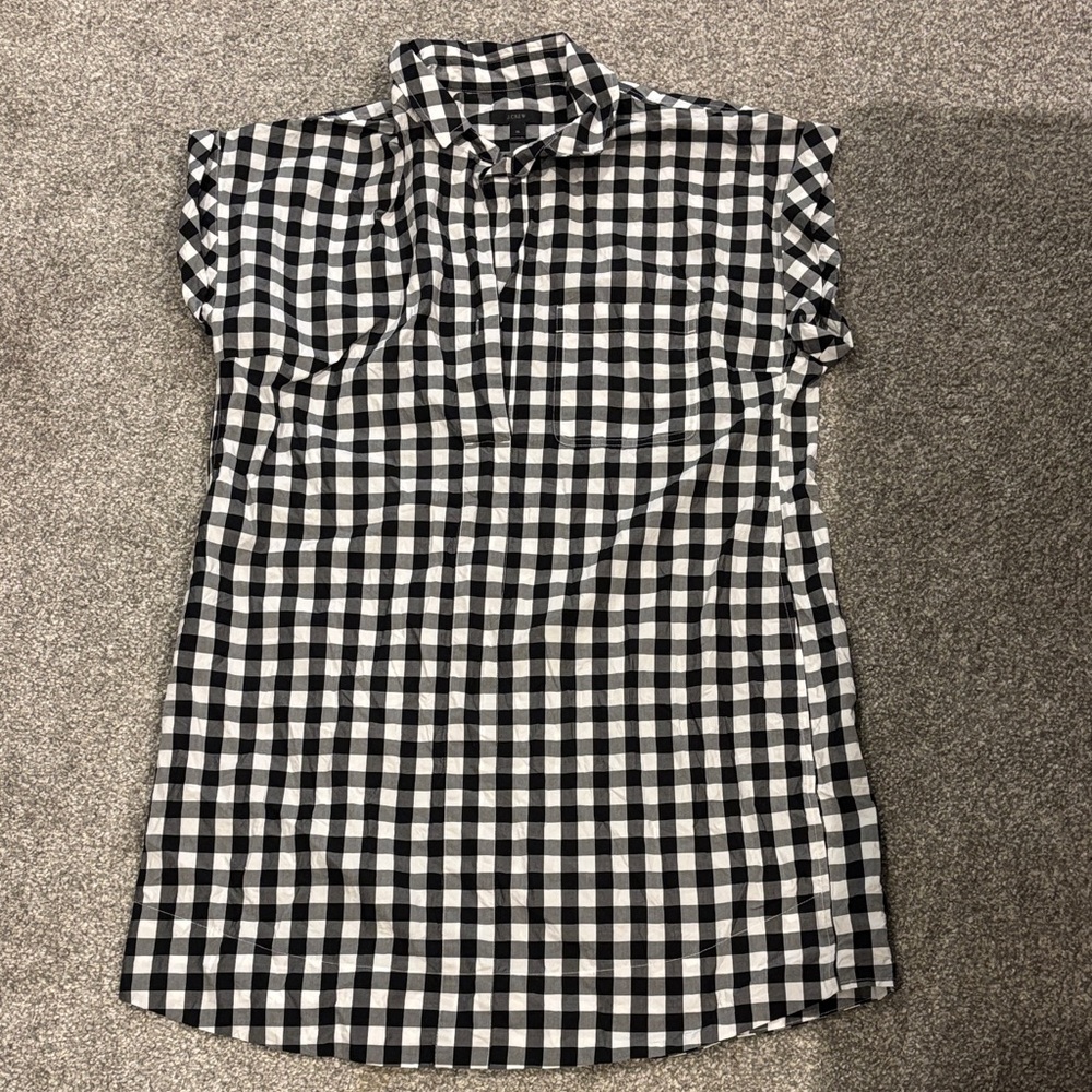 J. Crew Black and White Gingham Cap-Sleeve Dress
